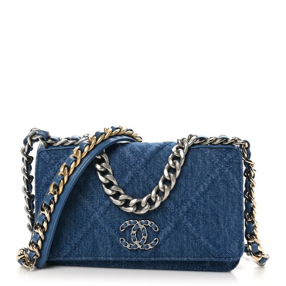Chanel Denim Quilted Chanel 19 Wallet On Chain WOC Blue Shoulder Bag Crossbody - Picture 1 of 7
